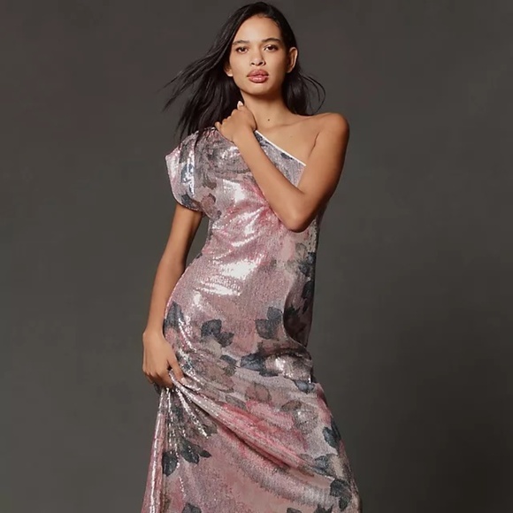 NWT Porridge One-Shoulder Floral Sequin Maxi Dress Sz L - Picture 6 of 16